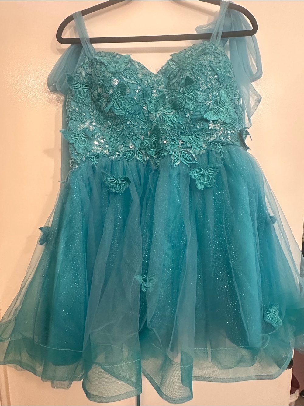 Embellished Teal Floral Tulle Formal Dress